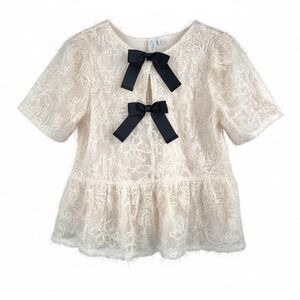 Joie Cream Heloise Peplum lace Blouse Bow coquette money preppy 90s Y2K sz SP